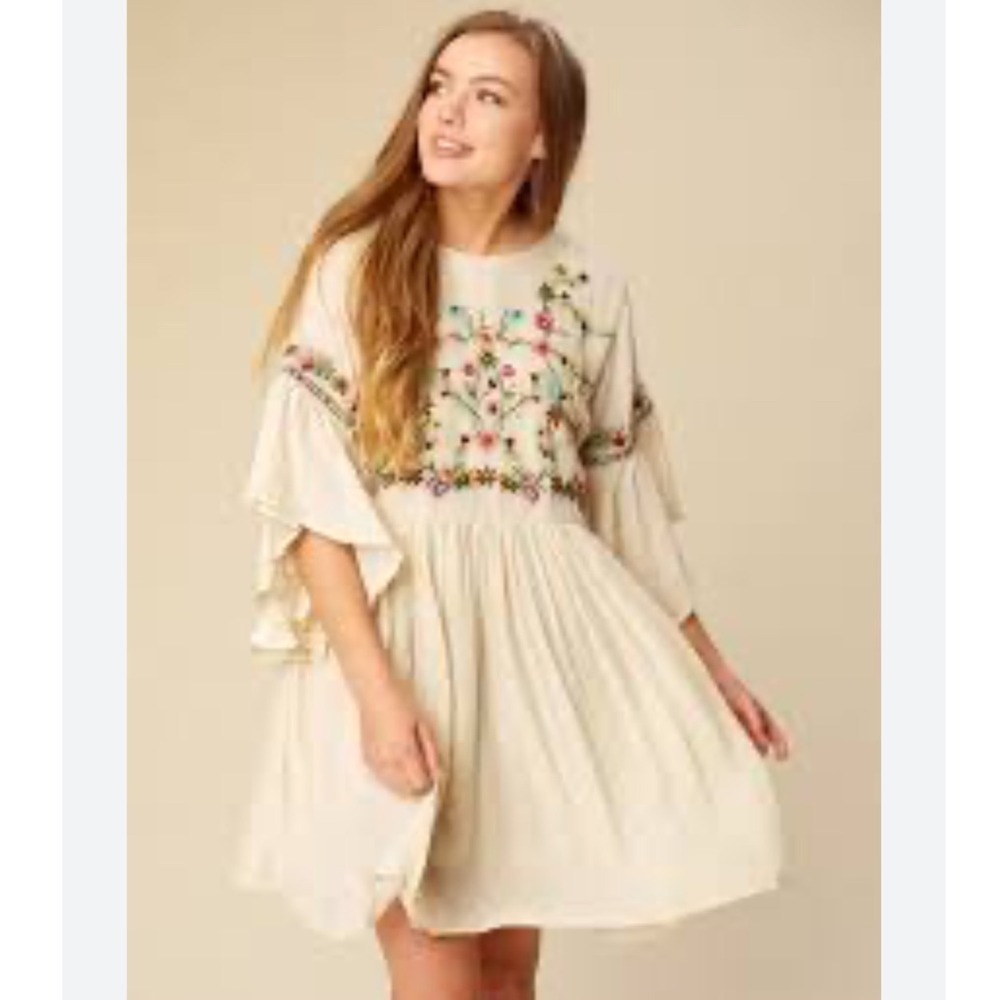 Altar'd State Cream Embroidered Floral Bohemian Bell Sleeve Mini Dress Large